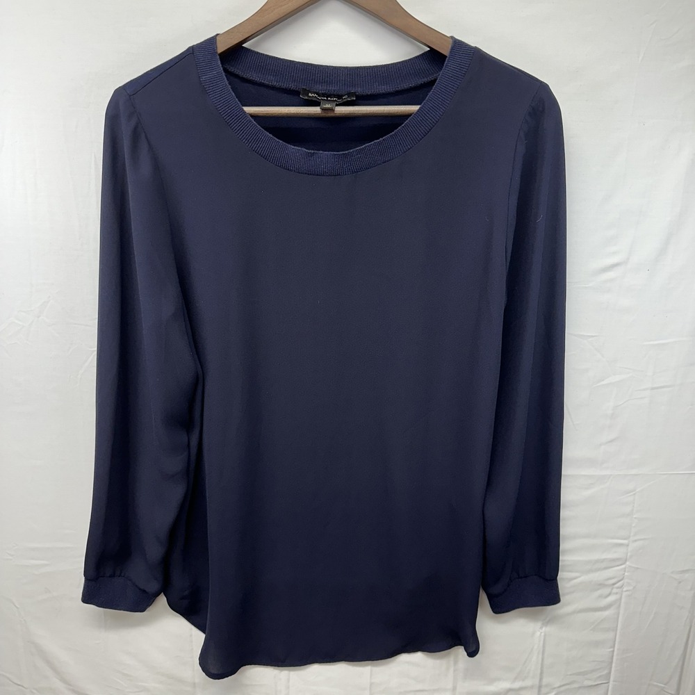 Banana Republic Womens Navy Blue Mixed Media Knit Back Long Sleeve Top Size M‎